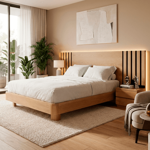 Cama Queen Osaka 160x190cm con nocheros incorporados en madera natural negra